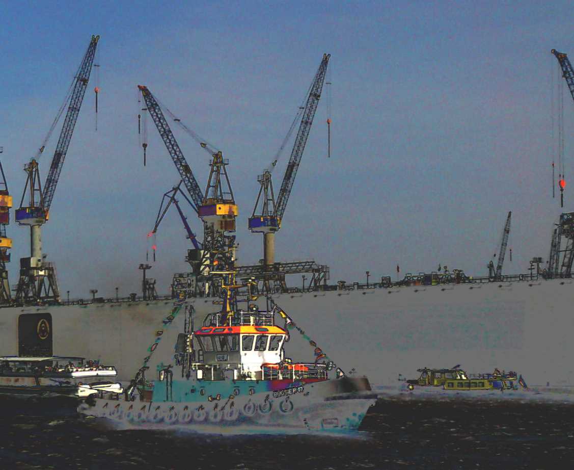 Bugsierschiff vor Trockendock im Hafen Hamburg